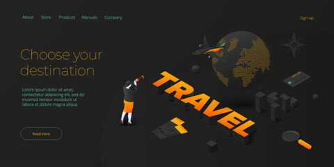 Travelling by air concept in isometric vector illustration. Around the world flight tour or trip. Cheap airline tickets searching and booking service. Web banner layout template