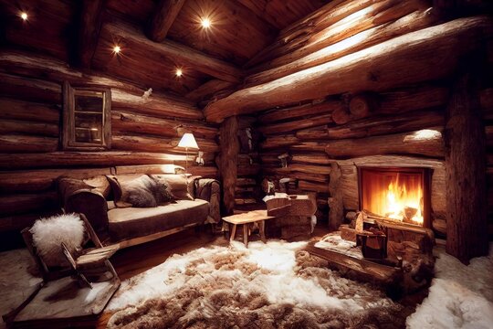 Wooden winter resort cabin house interior design illustration