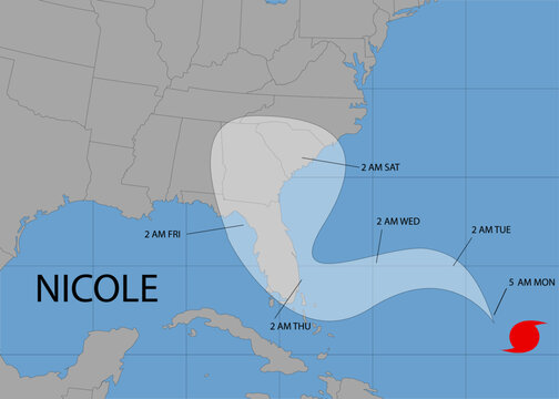 Hurricane Nicole moved Florida. Subtropical Storm Nicole. Vector illustration. EPS 10