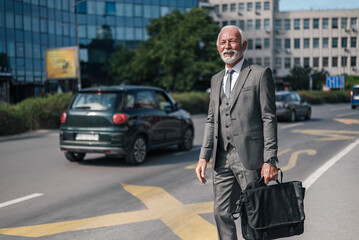 Fototapeta na wymiar Smiling businessman with laptop bag waiting for taxi cab in the city during sunny day.