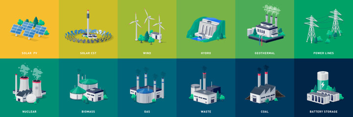 Electricity generation source types. Energy mix solar, water, fossil, wind, nuclear, coal, gas, biomass, geothermal and battery storage. Natural renewable pollution power line plant station resources. - obrazy, fototapety, plakaty