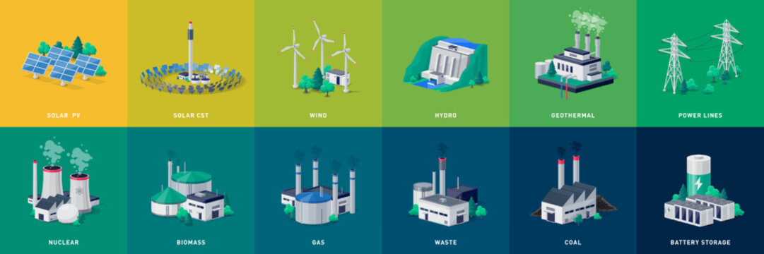 Electricity generation source types. Energy mix solar, water, fossil, wind, nuclear, coal, gas, biomass, geothermal and battery storage. Natural renewable pollution power line plant station resources.