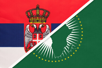 African Union and Serbia, national flag from textile. Africa continent vs Serbian symbol
