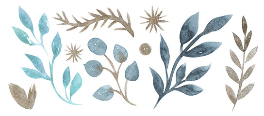 Watercolor arrangement with blue, green, turquoise, branches, leaves, gold dust graphic elements.