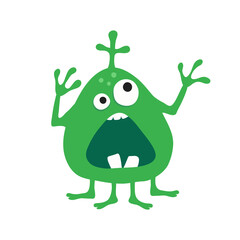 Green cartoon monster with scary facial expression over white background. Halloween character with big eyes, open mouth and four legs. Bizarre made up alien. Fantasy concept.