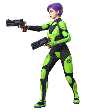 futuristic warrior woman in uniform armed with guns, 3d illustration