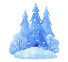 Watercolor winter landscape for background. Illustrations of Christmas nature. Blue snow-covered island with trees, shrubs, snow drifts. Isolated hand-painted image of a piece of forest land