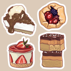 Stickers with desserts. Bars. Galette. Cheesecake. Panna cotta. Vector graphics