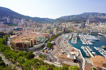 Spectacular aerial panoramic view of Monte Carlo with Marina and Cityscape, Monaco, Europe