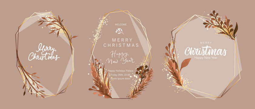 Set of wreaths with leaves, plants and geometric frames. Golden, beige, pale color design elements. Chic festive gift card, wedding, invitation, holiday card design. 