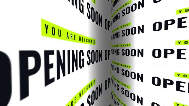 White black Opening Soon text word tube rotating animation.
