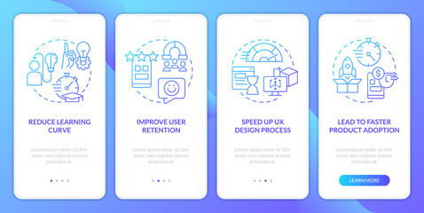 Naklejka premium Power of familiarity in web design blue gradient onboarding mobile app screen. Walkthrough 4 steps graphic instructions with linear concepts. UI, UX, GUI template. Myriad Pro-Bold, Regular fonts used