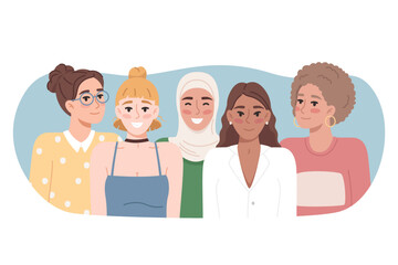 sisterhood and female friendship. Strong and courageous girls support each other and the feminist movement. Vector illustration. Women of different nationality.