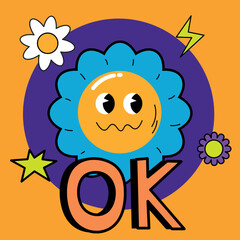 Cartoon vector flower character with face expression. Retro face with smile. Vintage sticker. Colorful funny emoji in groovy style EPS
