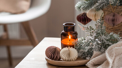 The concept of New Year and Christmas. Home warmth in cold weather. Still-life. Scandinavian-style...