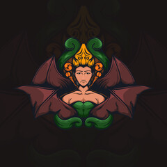 illustration of woman with bat wing ornament for t-shirt