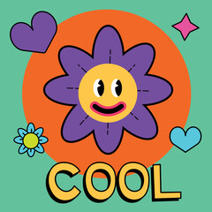 Cartoon vector flower character with face expression. Retro face with smile. Vintage sticker. Colorful funny emoji in groovy style EPS