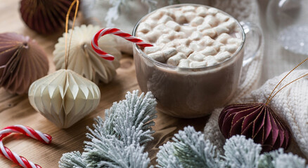 Stylish paper Christmas tree toys and a glass with hot chocolate, marshmallows on a wooden...
