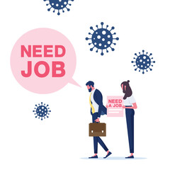 Naklejka premium Business company carrying sign written Need a Job with Coronavirus pathogen, Company closed and business shut down