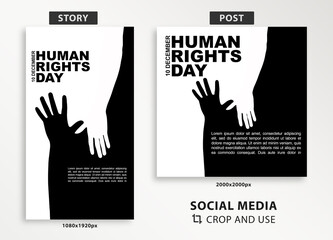 Minimal Human Rights Day social media story and post design, easy use template, black and white protest hands, 10 December Human Rights Day, crop and use, social media content and feed