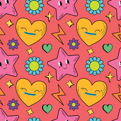 Seamless pattern with psychedelic characters. Trendy vector print. Abstract design of cartoon stickers. Trend vector illustration EPS