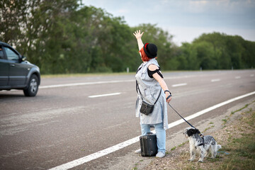 Obraz premium Womenon the road with dog stoped auto