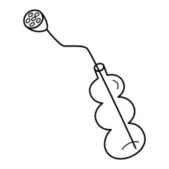 Dry lotus flower in glass bubble vase, trendy home decor icon, vector doodle illustration of scandi design item, dry flowers arrangement, glass bottle, nordic interior, isolated outline clipart on whi