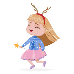 little girl with magic wand and deer horns on the white background