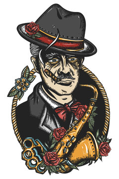 Crime boss plays saxophone. Gangster leader man smokes cigar. Old school tattoo vector art. Hand drawn graphic. Isolated on white. Traditional flash tattooing