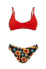 Close-up shot of a two-piece swimsuit with a floral print. The swimsuit has a red scoop neck bikini top and floral swim bottoms. The swimsuit is isolated on a white background. Front view.