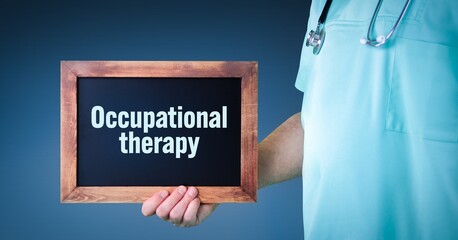 Occupational therapy. Doctor shows sign/board with wooden frame. Background blue