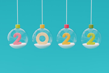 Glass Balls hanging on ribbon with colorful number 2022. Merry Christmas and Happy New Year. 3d rendering.