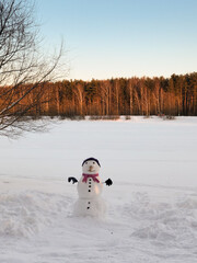 Winter landscape with cute snowman dressed in hat, scarf and mittens