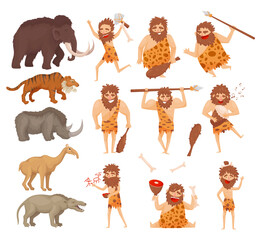 Primitive caveman characters with weapon and prehistoric animals set. Stone age warriors dressed animal skin and extinct animals cartoon vector illustration - obrazy, fototapety, plakaty