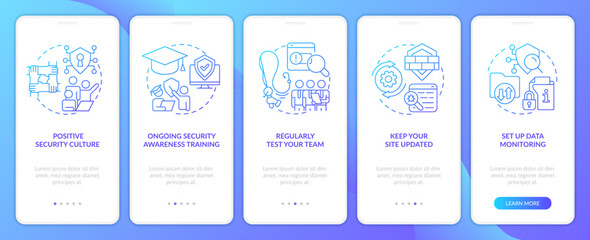 Business digital safety tips blue gradient onboarding mobile app screen. Walkthrough 5 steps graphic instructions with linear concepts. UI, UX, GUI template. Myriad Pro-Bold, Regular fonts used