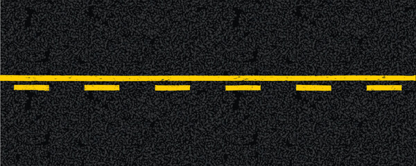 Yellow dotted and solid highway traffic marks lines on tarmac road top view. Vector illustration. Background with old paint texture on asphalt surface. Roadway seamless pattern. Straight driveway © Kusandra