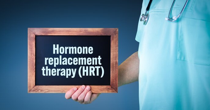 Hormone replacement therapy (HRT). Doctor shows sign/board with wooden frame. Background blue