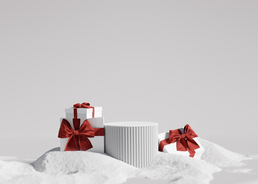3D podium display, Christmas background for cosmetic product presentation or text.  Christmas white backdrop with snow.  Pedestal showcase with gift and red ribbon. Winter, new year mockup, 3D render
