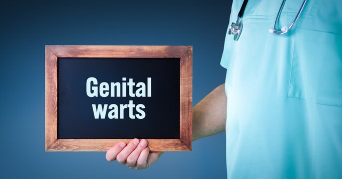 Genital warts. Doctor shows sign/board with wooden frame. Background blue