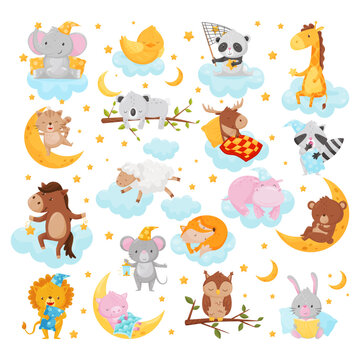 Funny Animals Sleeping on Soft Fluffy Cloud and Crescent Having Bedtime Vector Set
