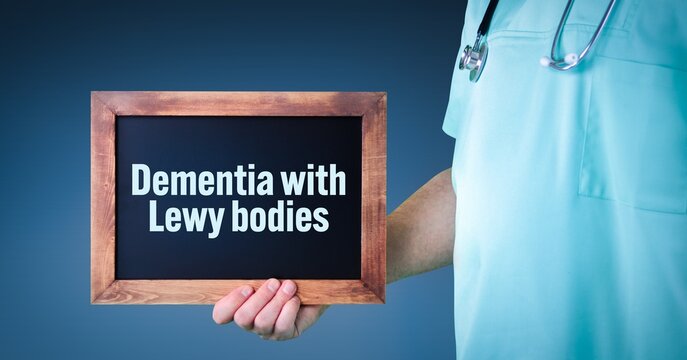 Dementia with Lewy bodies (Lewy body dementia). Doctor shows sign/board with wooden frame. Background blue