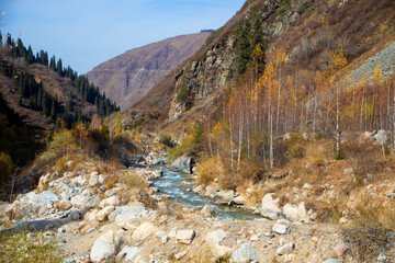 Fototapeta na wymiar Beautiful mountain landscape with river, mountains and forest in autumn