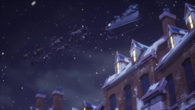 In the Night Santa and his Reindeer Fly over the illuminated City for Christmas 3D Animations Renderings CGI 4K