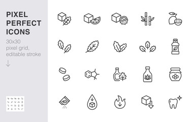 Sweeteners line icon set. Xylitol, cane sugar, fructose, maple syrup, stevia, agave, honey minimal vector illustration. Simple outline sign for sweet ingredients. 30x30 Pixel Perfect, Editable Stroke
