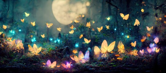 Fototapeta premium wide panoramic of fantasy forest with glowing butterflies. fantasy scenery.