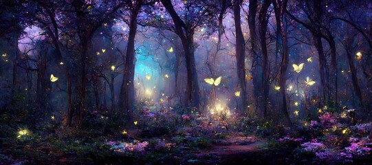 Fototapeta premium wide panoramic of fantasy forest with glowing butterflies. fantasy scenery.