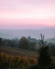 Foggy hills at sunset