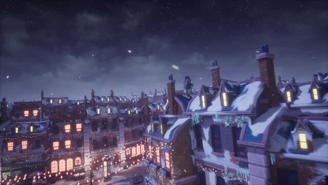 Santa, the gifts and his Reindeer Fly over the illuminated City for Christmas 3D Animations Renderings CGI 4K