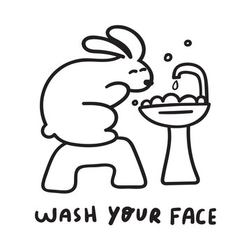 Wash your face. Little rabbit washing his face. Hygiene for kids. Outline illustration.