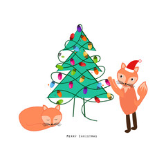 Cute sleeping fox with Christmas light bulbs. Happy new year and merry Christmas greeting card